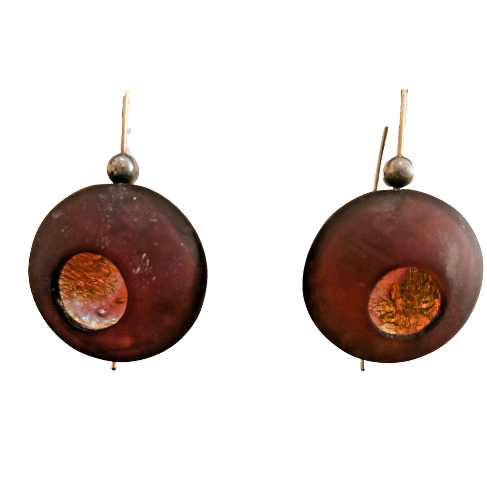 Handmade fused glass dangle earrings brown glass iridescent dichroic center - Picture 6 of 6